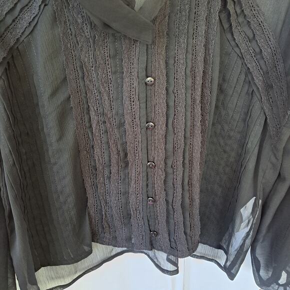 Zara Black Chiffon Tie Neck Top Size Small Balloon Sleeve Sheer Lace - Picture 8 of 9